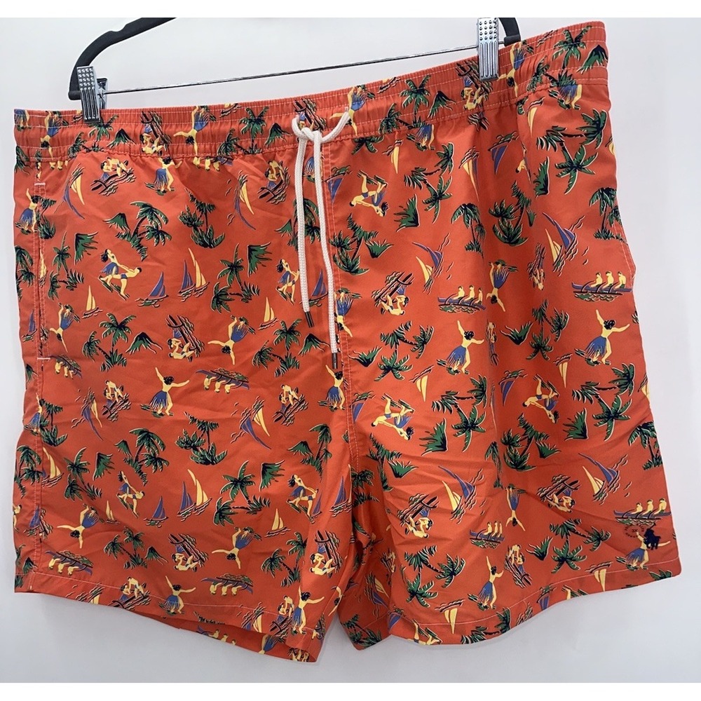 Polo Ralph Lauren Swim Trunks Orange 3XB Big All Over Print Beach‎ Hawaiian Hula - Picture 2 of 8